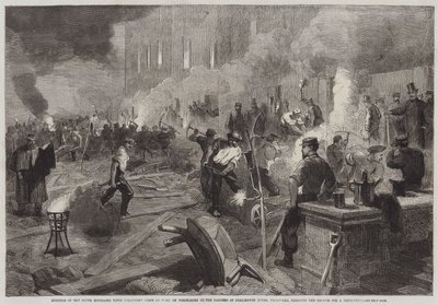 Members of the South Middlesex Rifle Volunteers Corps at Work by Torchlight in the Gardens of Burlington House, Piccadilly, clearing the Ground for Drill-Shed by English School