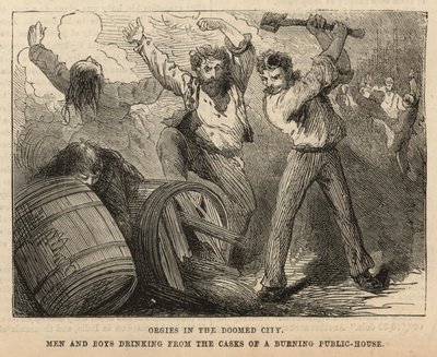 Men and Boys Drinking from the Casks of a Burning Public-House by English School