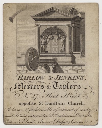 Barlow & Jenkins Mercer and Tailor, trade card by English School