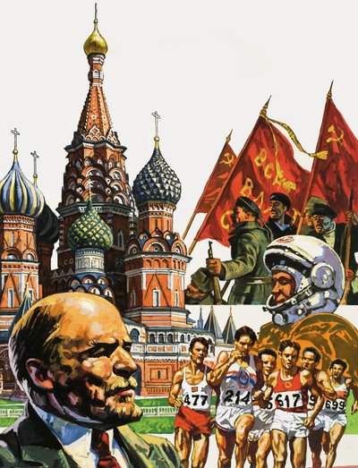 Montage of Russia Including the Cathedral of St Basil the Beatified and Portrait of Lenin by English School