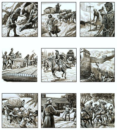 Montage of pictures about the history of roads by English School