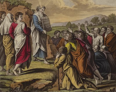 Moses delivering the Ten Commandments by English School