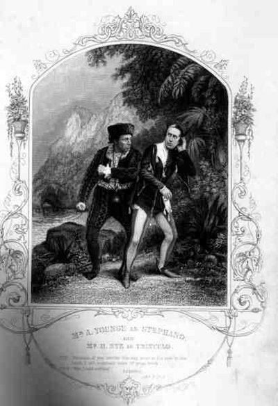 Mr A. Younge as Stephano and Mr N. Hye as Trinculo, Act III Scene 2, in The Tempest, by William Shakespeare by English School