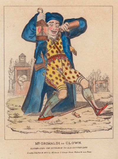 Mr Joseph Grimaldi as Clown, illuminating the entrance to Old Gutter Lane by English School
