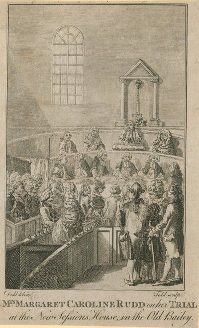 Mrs Margaret Caroline Rudd on her trial at the new Sessions House in the Old Bailey by English School