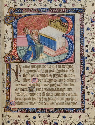 Psalm 1, David Harping, from the Knightley Psalter by English School