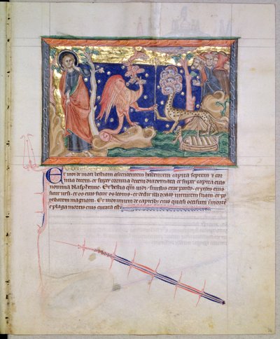 The Red Dragon Handing Over His Power to the Beast of the Sea, from the Gulbenkian Apocalypse, c.1265-70 by English School