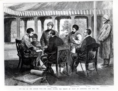 Muhammad Yaqub Khan signing the Peace Treaty at Gundamak on the 26th May, 1879 by English School