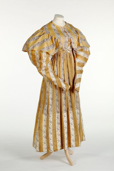 Muslin dress with abstract mauve pattern printed within yellow and white vertical stripe design, c.1820-30 by English School