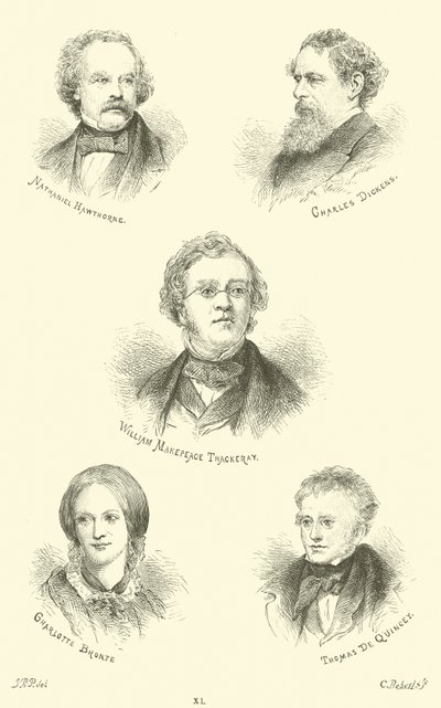 Nathaniel Hawthorne, Charles Dickens, William Makepeace Thackeray, Charlotte Bronte, Thomas De Quincey by English School