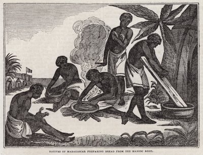 Natives of Madagascar Preparing Bread from Manioc Root by English School