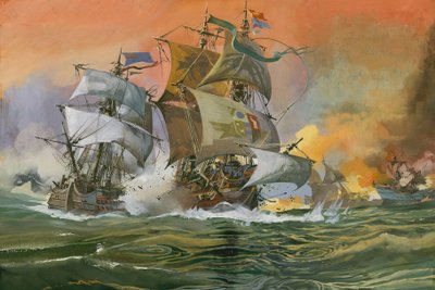 Naval Battle Scene by English School