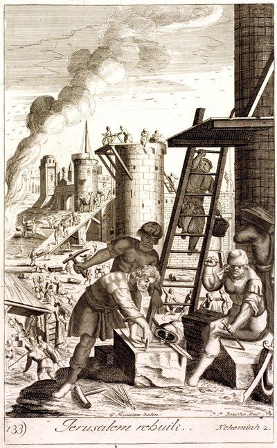 Nehemiah rebuilding the walls of Jerusalem by English School
