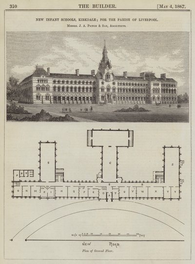 New Infant Schools, Kirkdale; for the Parish of Liverpool (engraving) by English School