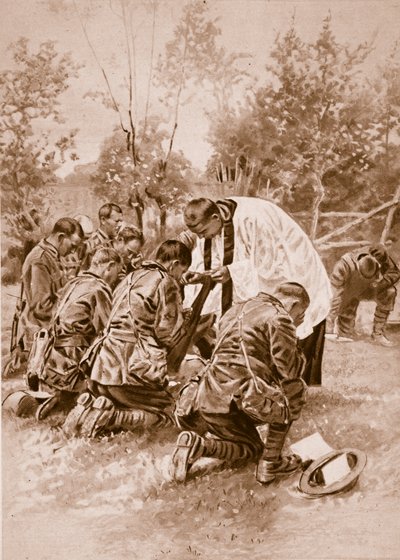 New Zealand Army chaplain administering Holy Communion to soldiers before battle by English School
