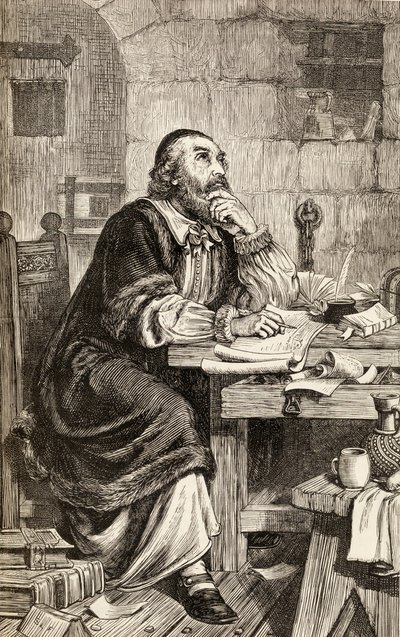 Nicholas Ridley writing letters in prison whilst awaiting his execution, c.1865 by English School