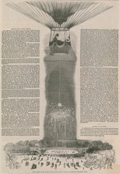 Night ascent of Mr Green in the Albion balloon from the gardens of Cremorne House by English School