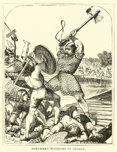 Northmen warriors in combat by English School