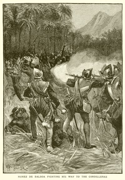 Nunez de Balboa Fighting his Way to the Cordilleras by English School
