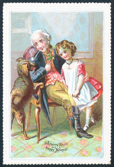 Old Gentleman Sitting in Chair with Girl and Dog by English School