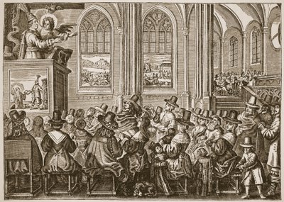 Oliver Cromwell preaching to a puritan congregation, illustration from The Church of England: A History for the People by H.D.M. Spence-Jones by English School