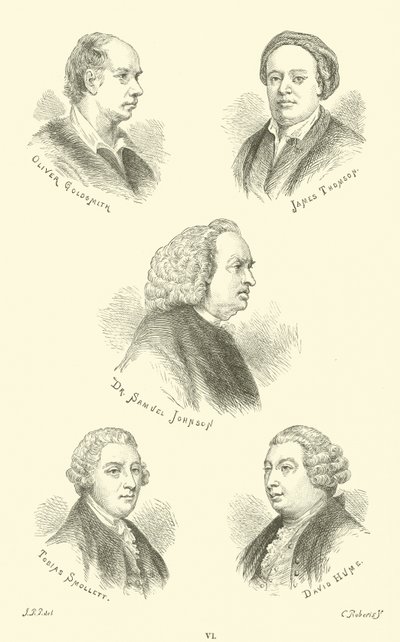 Oliver Goldsmith, James Thomson, Dr. Samuel Johnson, Tobias Smollett, David Hume by English School