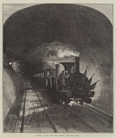 Opening of the Mont Cenis Tunnel, the First Train (engraving) by English School