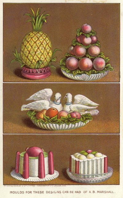 Ornamental moulds for creating iced foods in the shape of a pineapple, peaches and two doves by English School
