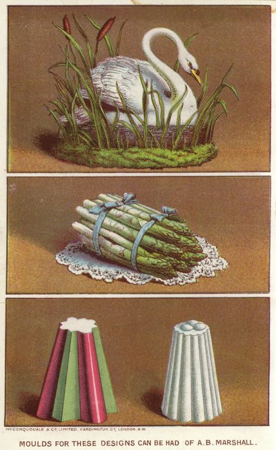 Ornamental moulds for creating iced foods in the shape of a swan and a bundle of asparagus by English School