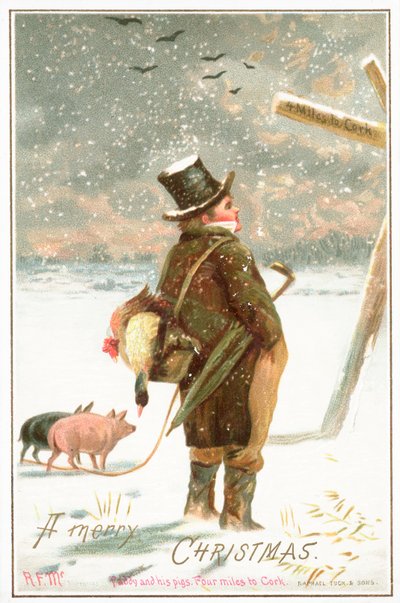 Paddy and his Pigs, 4 Miles to Cork, Christmas Card by English School
