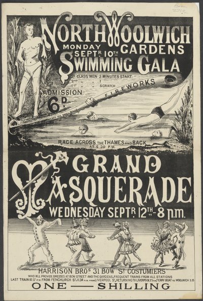 Pamphlet for Swimming Gala and Grand Masquerade, North Woolwich Gardens by English School
