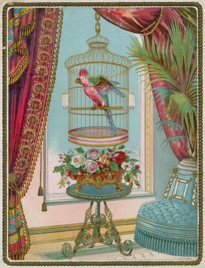 Parrot in Cage in Opulent Victorian Interior by English School