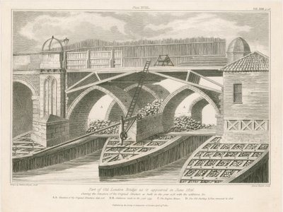 Part of Old London Bridge as it appeared in June 1826 by English School