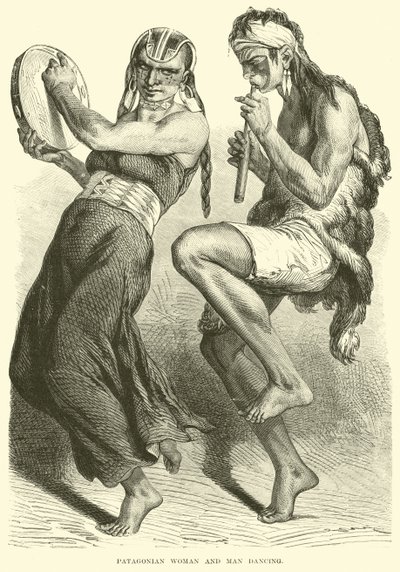 Patagonian woman and man dancing by English School