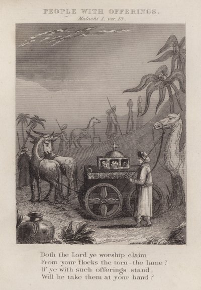 People with Offerings, Malachi I, ver 13 (engraving) by English School