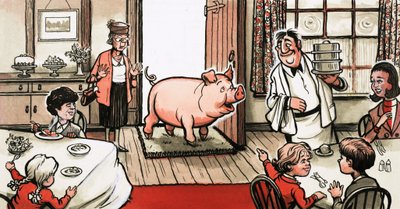 Pig entering a restaurant by English School