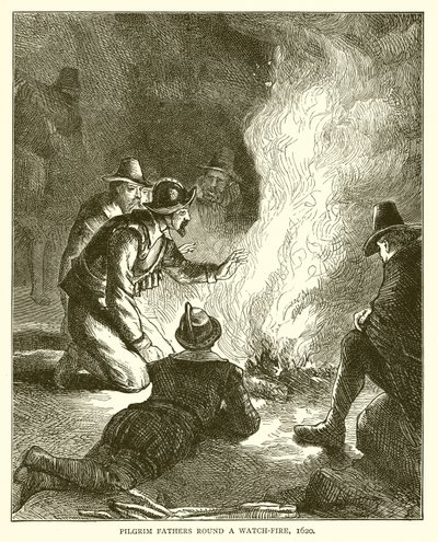 Pilgrim Fathers Round a Watch-Fire, 1620 by English School