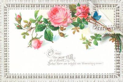 Pink Roses and Blue Butterfly by English School