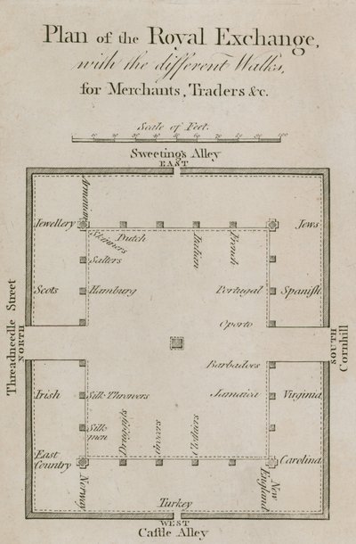 Plan of the Royal Exchange with the Different Walks for Merchants, Traders, etc. by English School