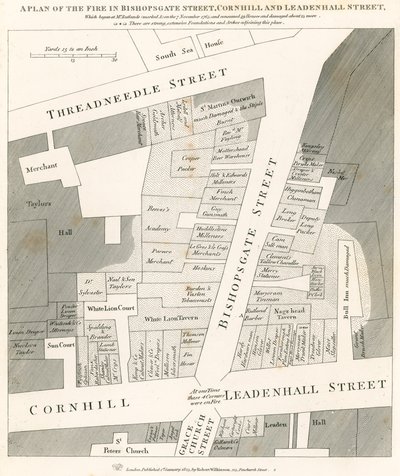 Plan of the fire in Bishopsgate Street, Cornhill and Leadenhall Street, London, which began on 7 November 1765 by English School