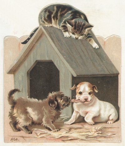 Playful Puppies and Kitten by English School