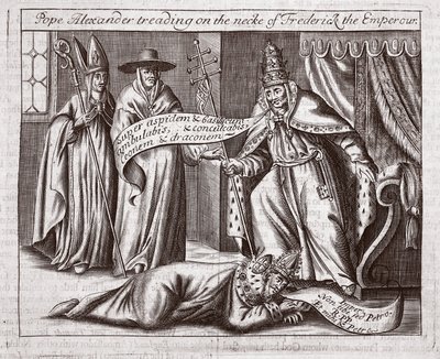 Pope Alexander treading on the neck of Emperor Frederick, illustration from Acts and Monuments by John Foxe, ninth edition, pub. 1684 by English School