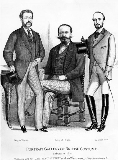 Portrait Gallery of British Costume, presenting the Kings of Spain and Italy and General Prim, published with the Tailor and Cutter, 1871 by English School