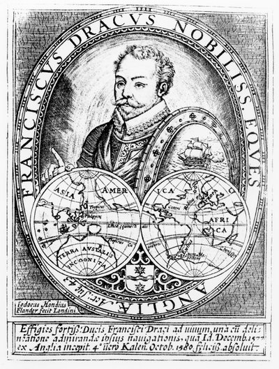 Portrait of Sir Francis Drake at the Age of 43, engraved by Jodocus Hondius by English School
