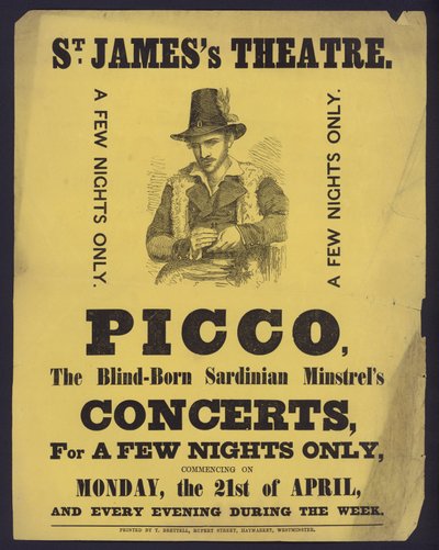 Poster advertising concerts by Picco, a blind Sardinian Minstrel at St James