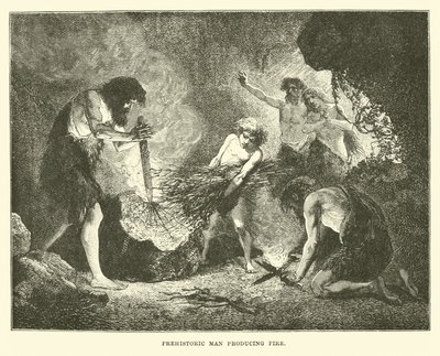 Prehistoric Man Producing Fire by English School