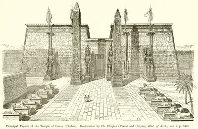 Principal Facade of the Temple of Luxor (Thebes). Restoration by Ch. Chipiez (Perrot and Chipiez, Hist. of Arch., vol. i. p. 349) by English School