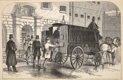 Prison van taking up prisoners at the House of Detention, illustration from The Criminal Prisons of London and Scenes from Prison Life by Henry Mayhew and John Binny, pub. 1862 by English School