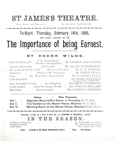 Programme for a performance of The Importance of Being Earnest, by Oscar Wilde at the St. James Theatre, 14 February 1895 by English School