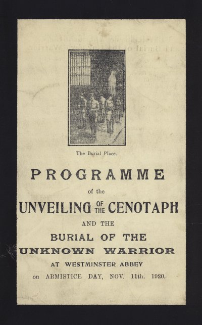 Programme for the unveiling of the Cenotaph and the burial of the Unknown Warrior, Westminster Abbey, London, 11 November 1920 by English School